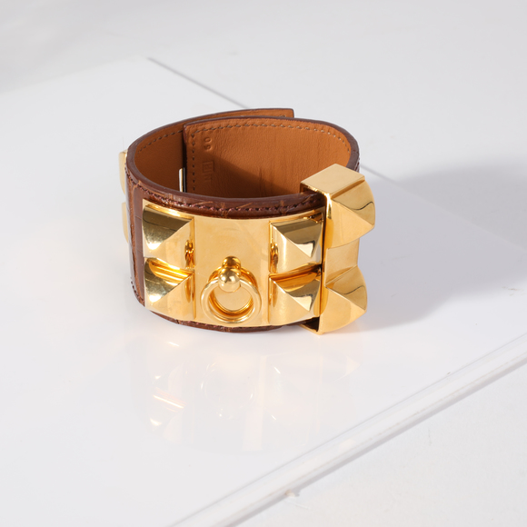 Hermes Jewelry - HERMES Collier De Chien Brown Leather Gold Tone Cuff